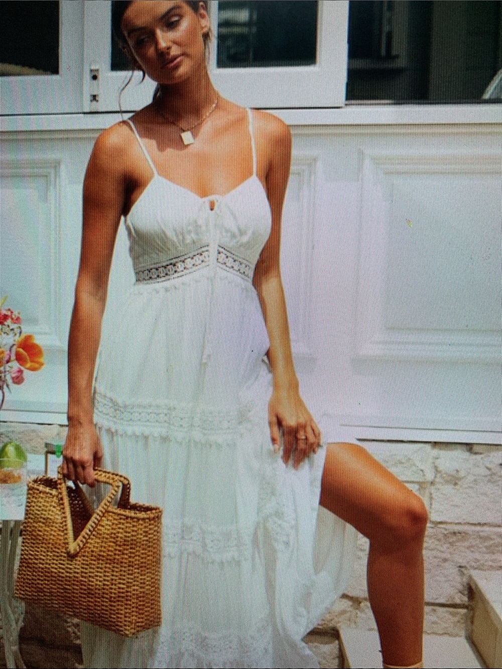 White Lace-Trim Spaghetti Strap Sundress - Brand boho spaghetti lace trim flare